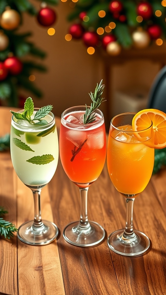 Zero Sugar Christmas Cocktails Recipe Three colorful zero sugar cocktails with fresh garnishes on a festive table.